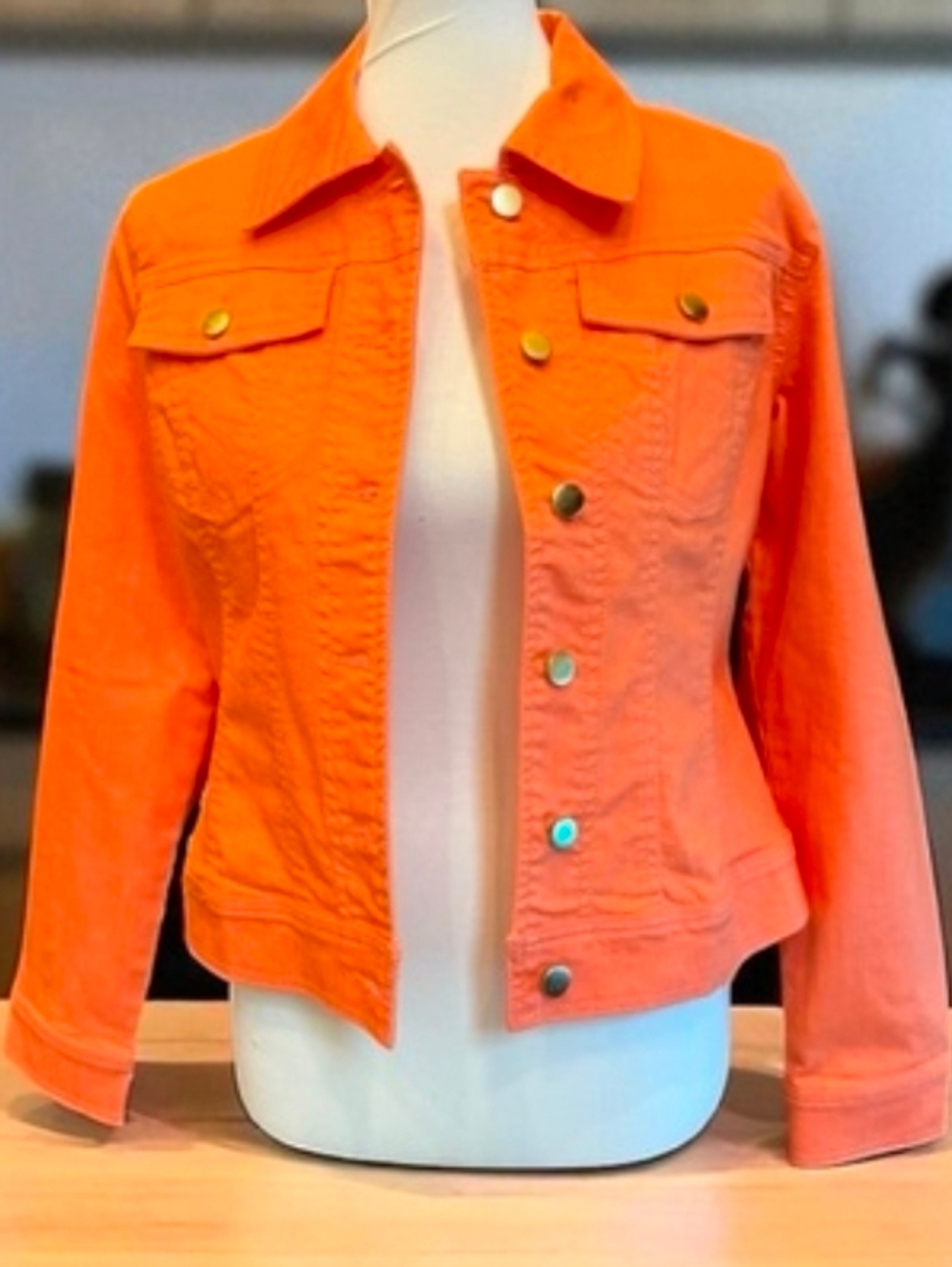 IMAN Perfect Fit Comfort Stretch Vibrant Orange Premium Denim Jacket Size M